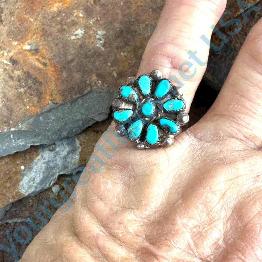 Early Navajo Sterling Silver & Turquoise Cluster Rosette Ring Size 6 Ring