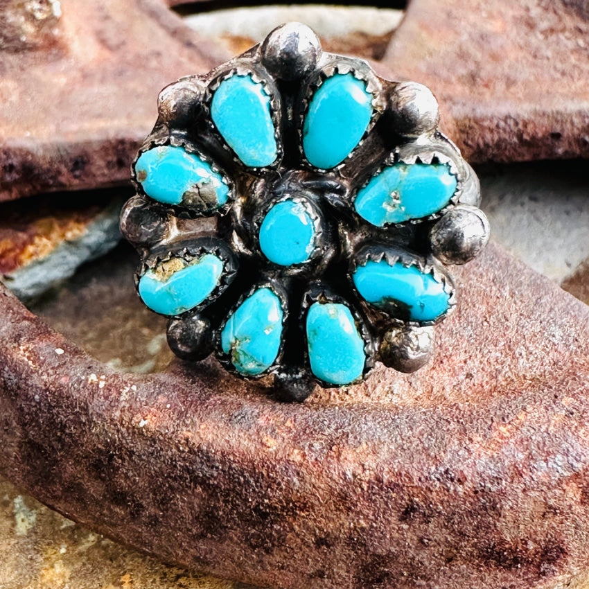 Early Navajo Sterling Silver & Turquoise Cluster Rosette Ring Size 6 Ring