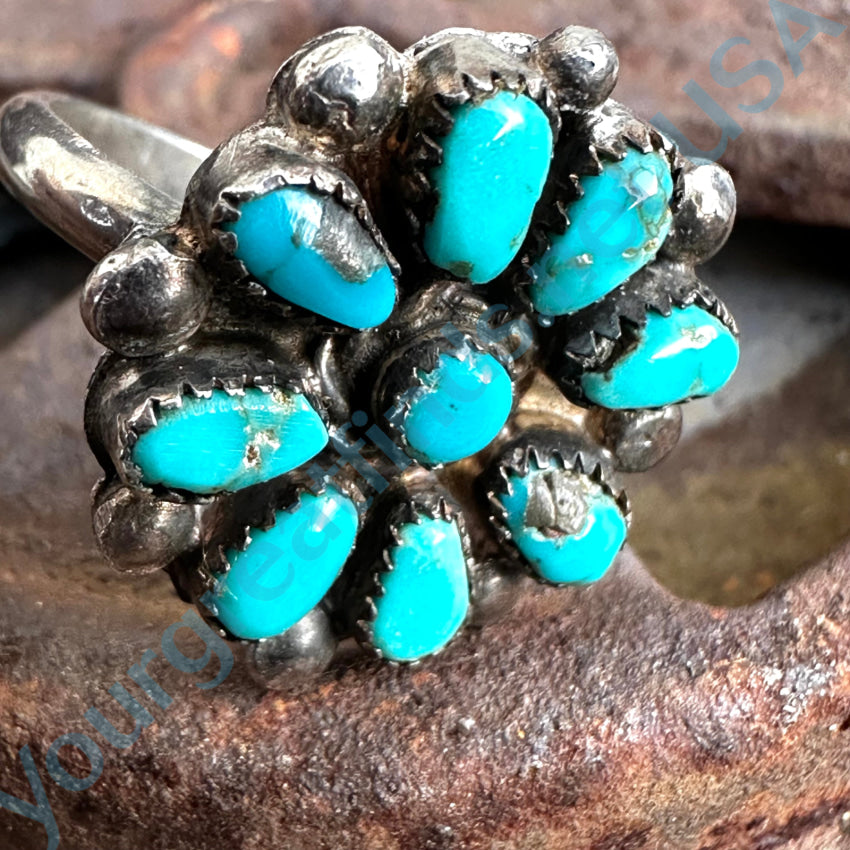 Early Navajo Sterling Silver & Turquoise Cluster Rosette Ring Size 6 Ring