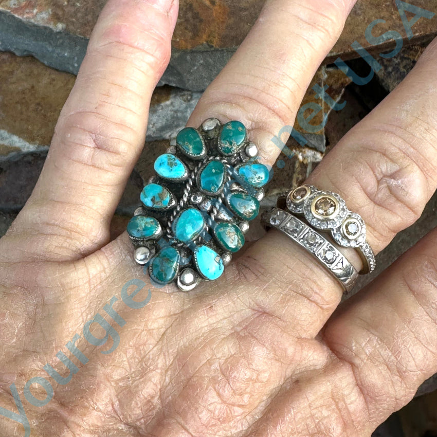 Early Navajo Sterling Silver & Turquoise Cluster Rosette Ring Size 7 1/4 Ring