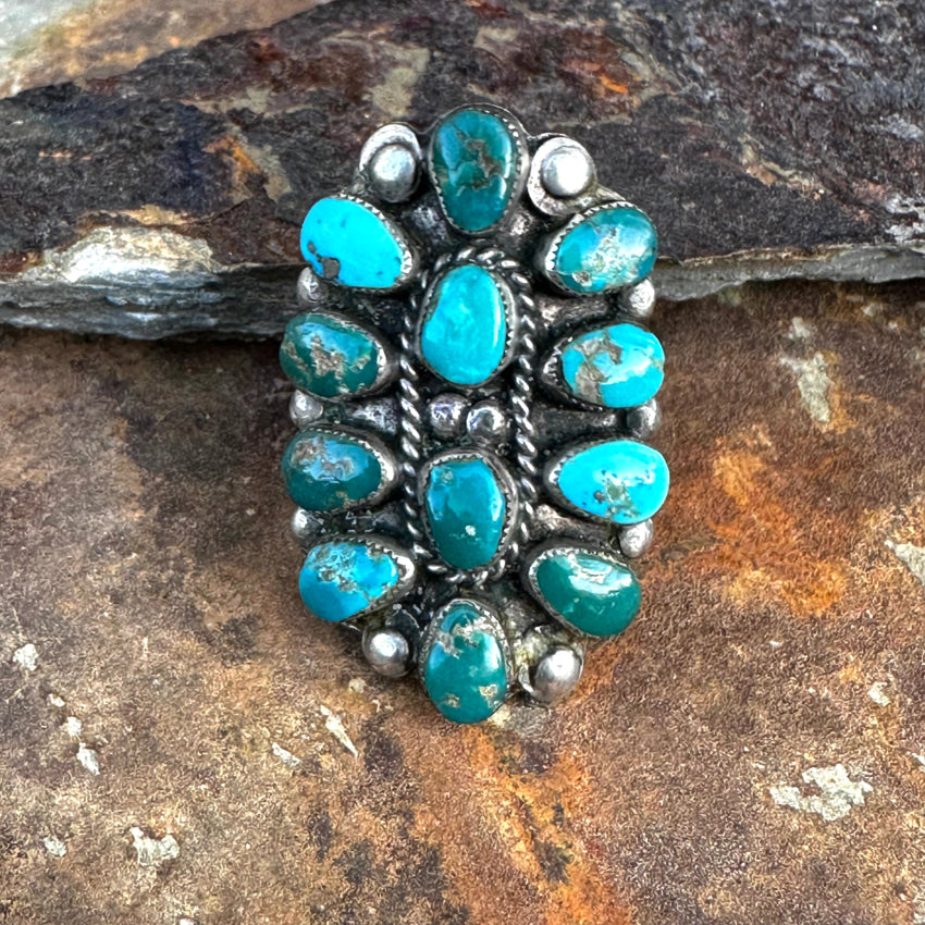 Early Navajo Sterling Silver & Turquoise Cluster Rosette Ring Size 7 1/4 Ring