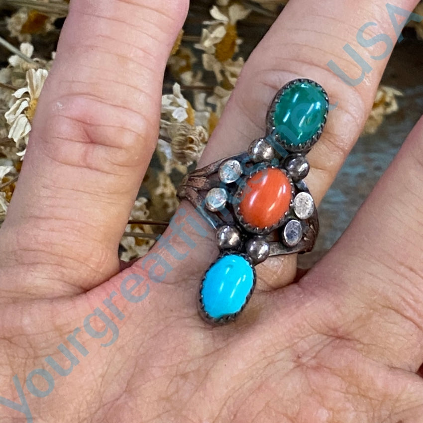 Early Navajo Stoplight Ring Turquoise Coral Sterling Silver Size 8