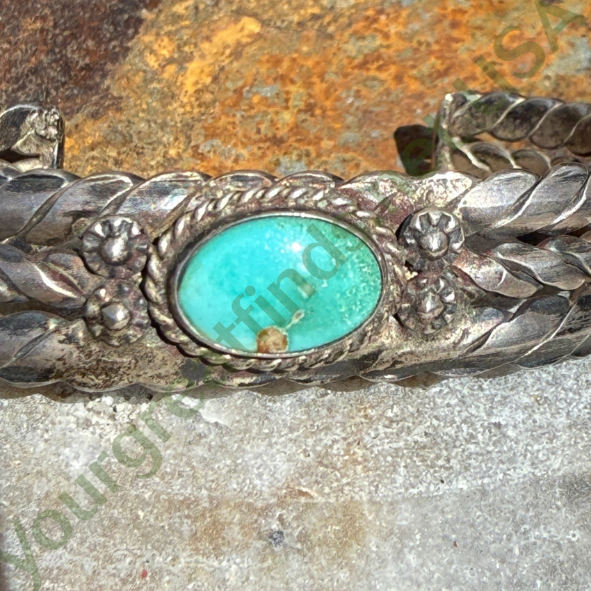 Early Navajo Twisted & Hammered Sterling Silver Turquoise Cuff Bracelet bracelet