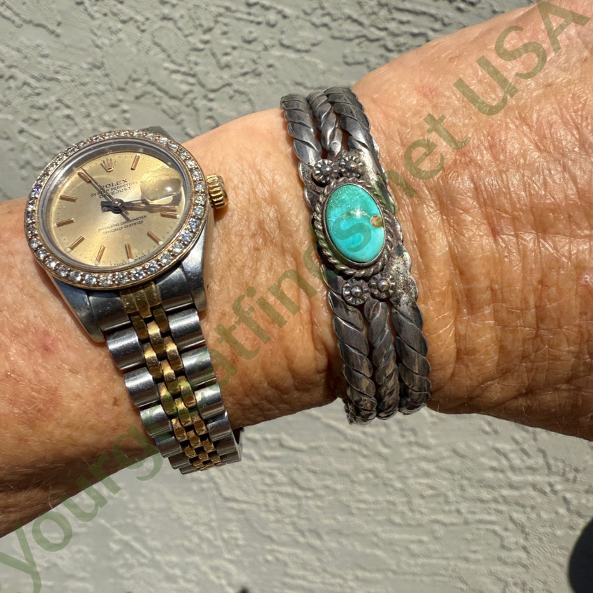 Early Navajo Twisted & Hammered Sterling Silver Turquoise Cuff Bracelet bracelet