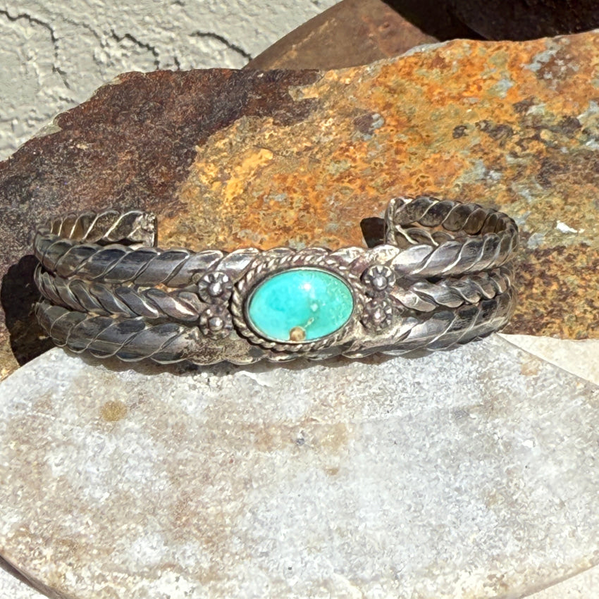 Early Navajo Twisted & Hammered Sterling Silver Turquoise Cuff Bracelet bracelet