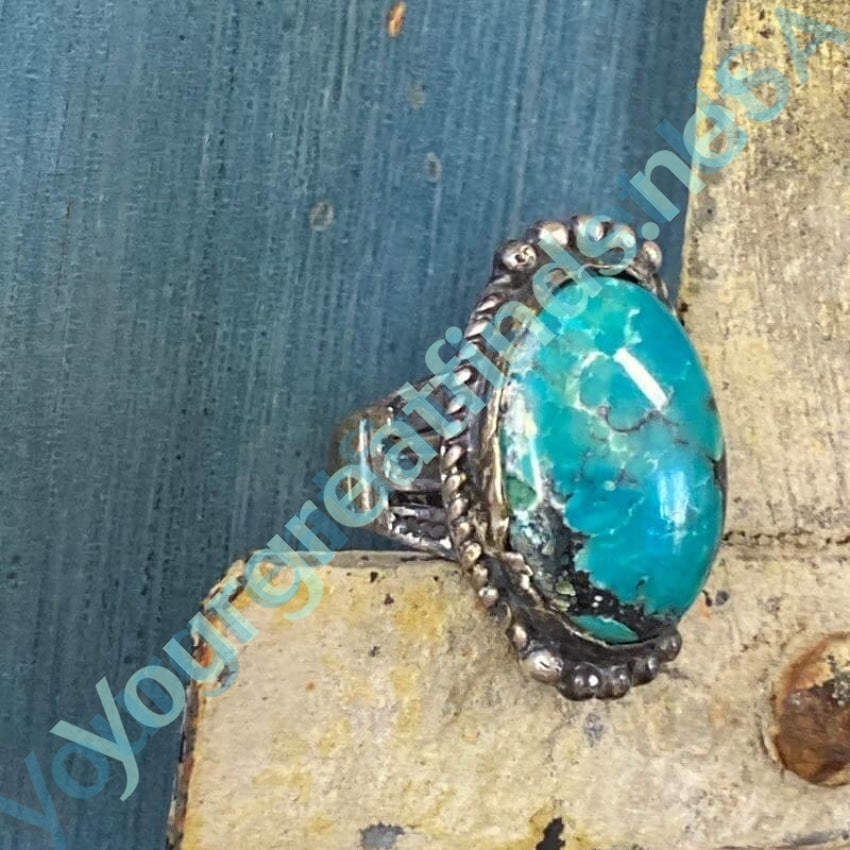 Early Navajo Wrought Silver Ring with Pilot Mountain Turquoise Size 6 Yourgreatfinds