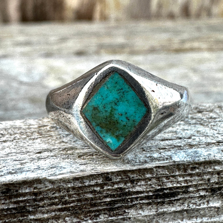 Early Sand Cast Sterling Silver & Turquoise Navajo Ring Size 4.75 Ring