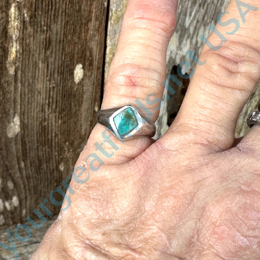 Early Sand Cast Sterling Silver & Turquoise Navajo Ring Size 4.75 Ring