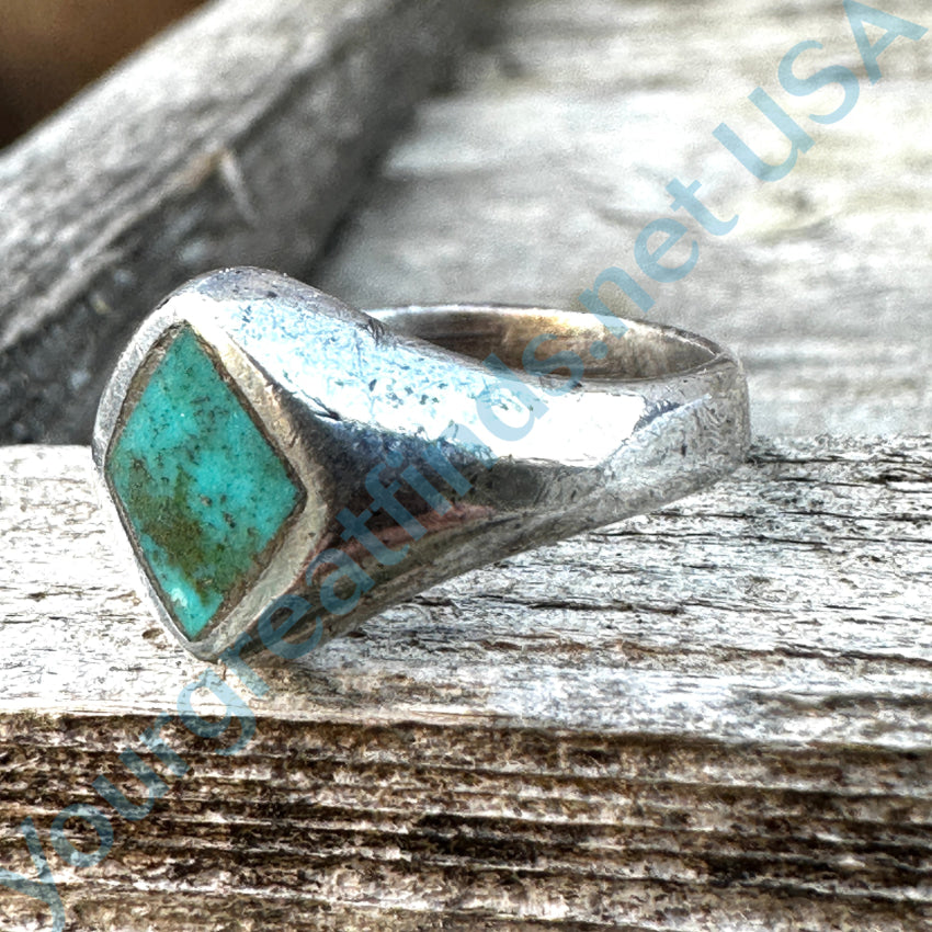 Early Sand Cast Sterling Silver & Turquoise Navajo Ring Size 4.75 Ring