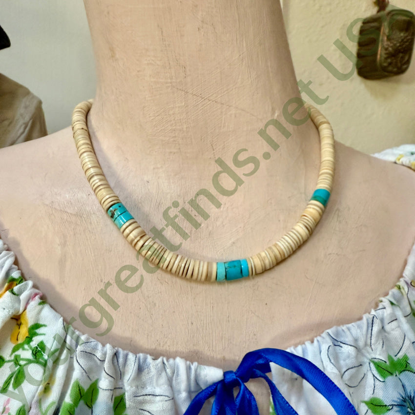 Early Santo Domingo Shell & Turquoise Heishi Bead Necklace necklace