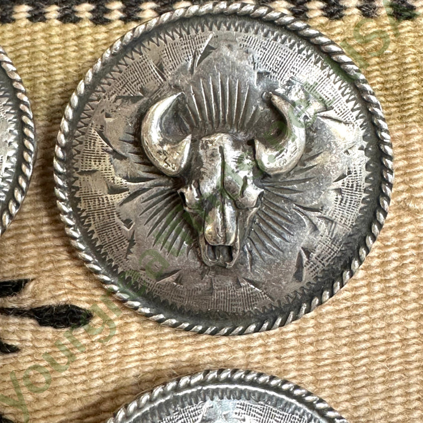 Early Sterling Silver Etched Bison Skull Conchos