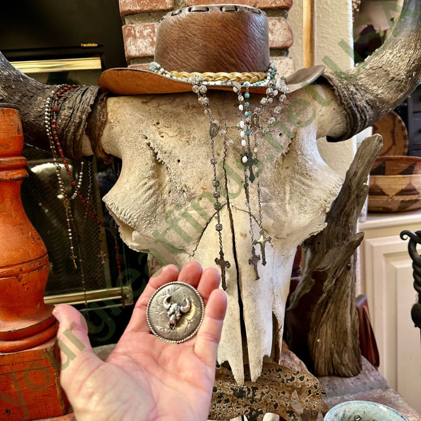 Early Sterling Silver Etched Bison Skull Conchos