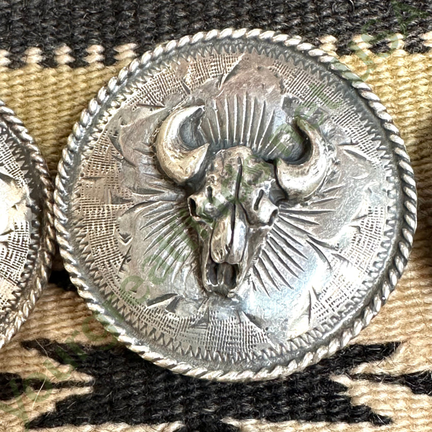 Early Sterling Silver Etched Bison Skull Conchos