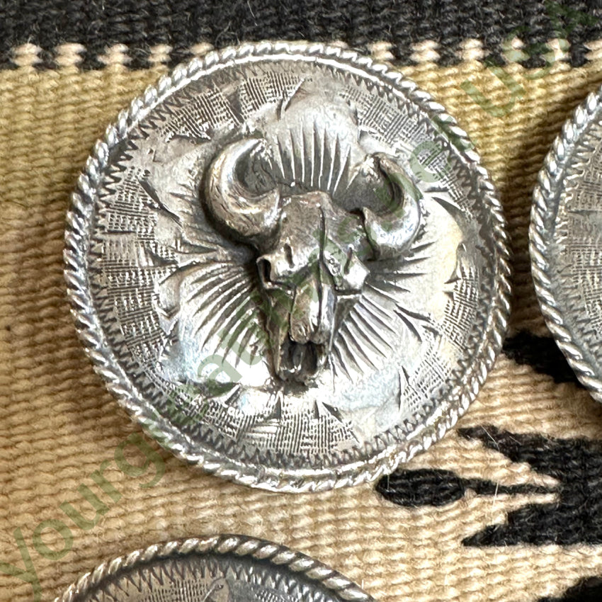 Early Sterling Silver Etched Bison Skull Conchos