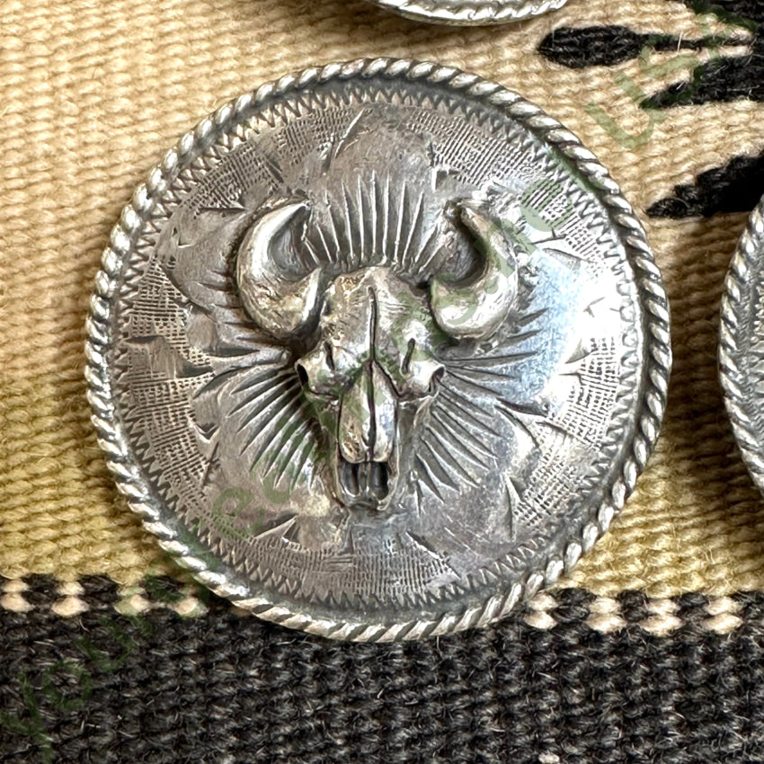 Early Sterling Silver Etched Bison Skull Conchos