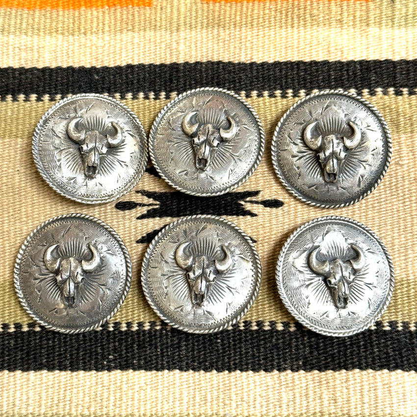 Early Sterling Silver Etched Bison Skull Conchos