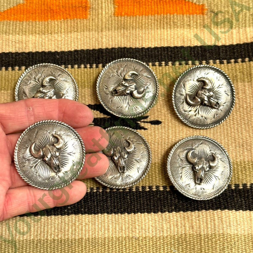 Early Sterling Silver Etched Bison Skull Conchos