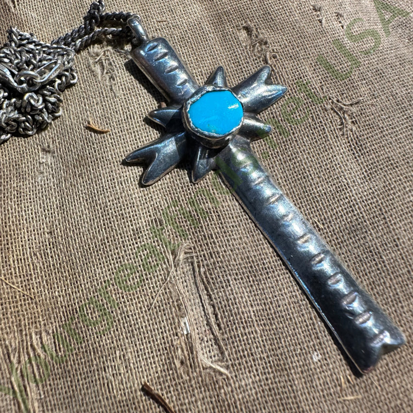 Early Time Worn Navajo Tufa Stone Cast Silver Turquoise Cross Necklace