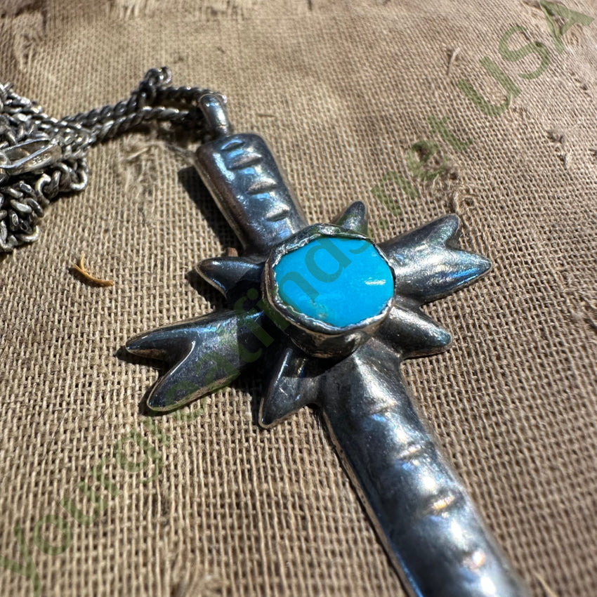 Early Time Worn Navajo Tufa Stone Cast Silver Turquoise Cross Necklace