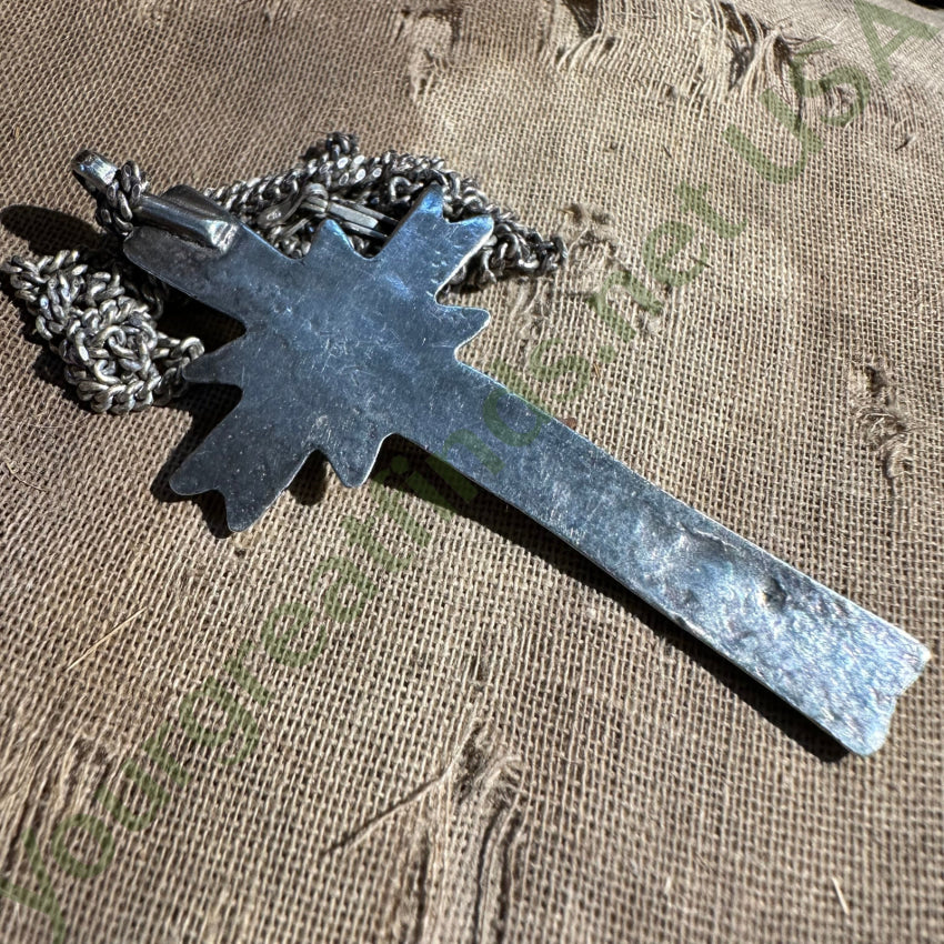 Early Time Worn Navajo Tufa Stone Cast Silver Turquoise Cross Necklace