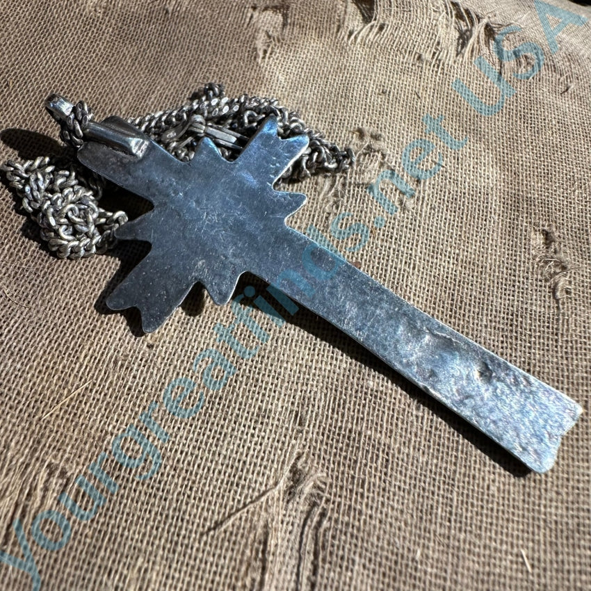Early Time Worn Navajo Tufa Stone Cast Silver Turquoise Cross Necklace