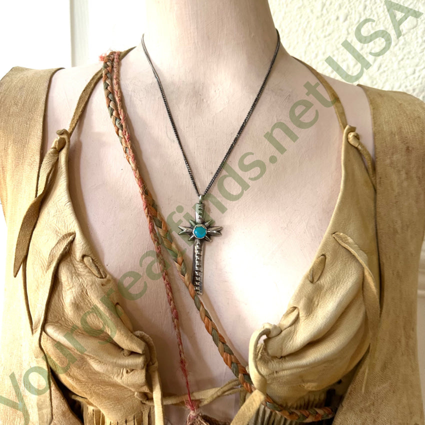 Early Time Worn Navajo Tufa Stone Cast Silver Turquoise Cross Necklace
