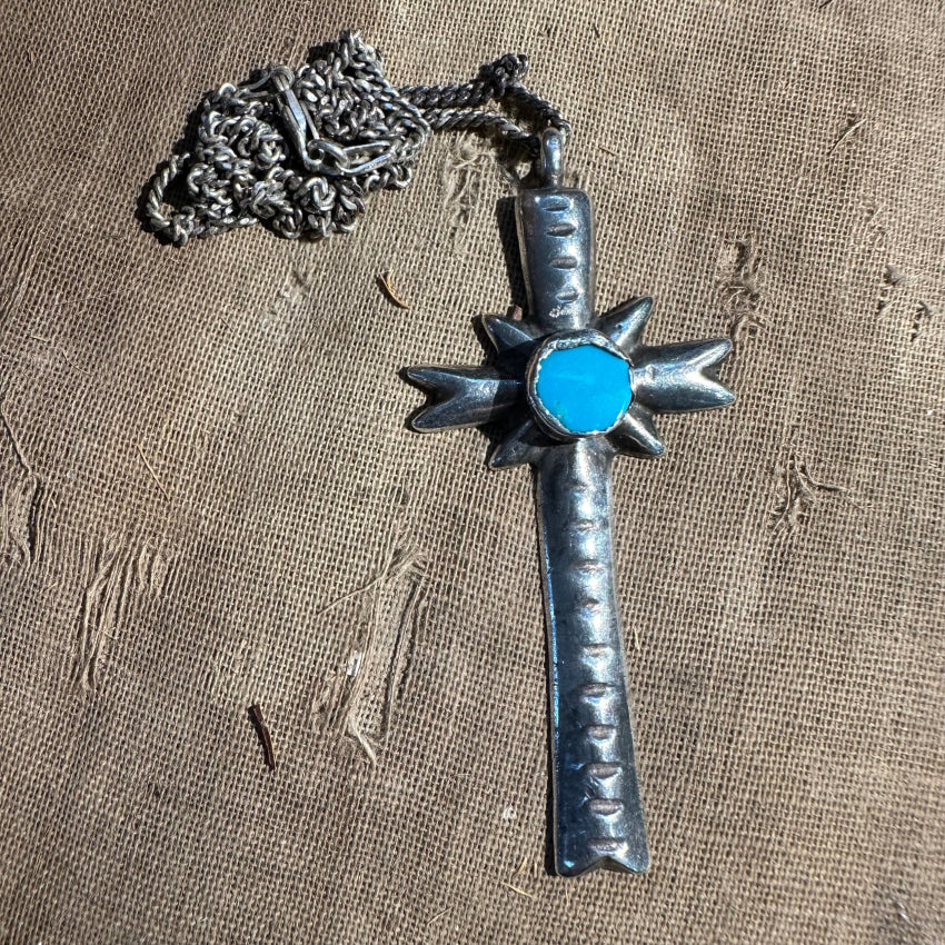 Early Time Worn Navajo Tufa Stone Cast Silver Turquoise Cross Necklace