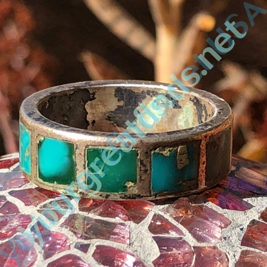 Early Turquoise Inlay Band Ring in Sterling Silver Size: 7 Yourgreatfinds