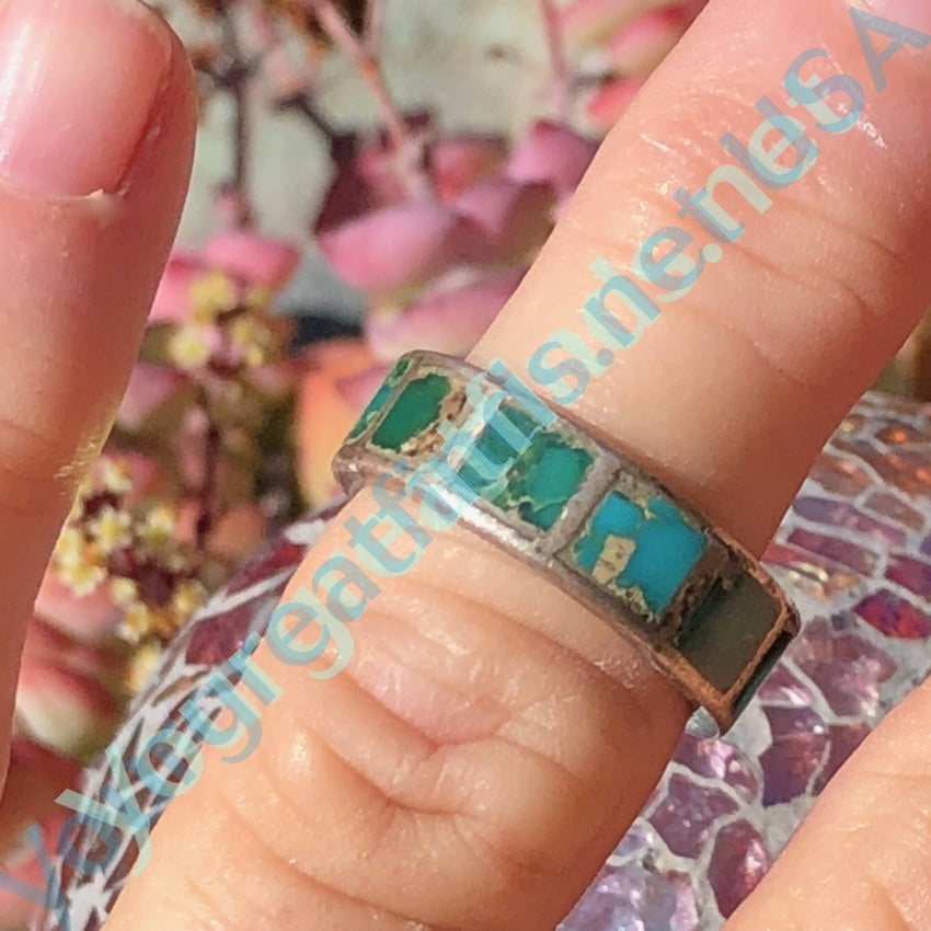 Early Turquoise Inlay Band Ring in Sterling Silver Size: 7 Yourgreatfinds