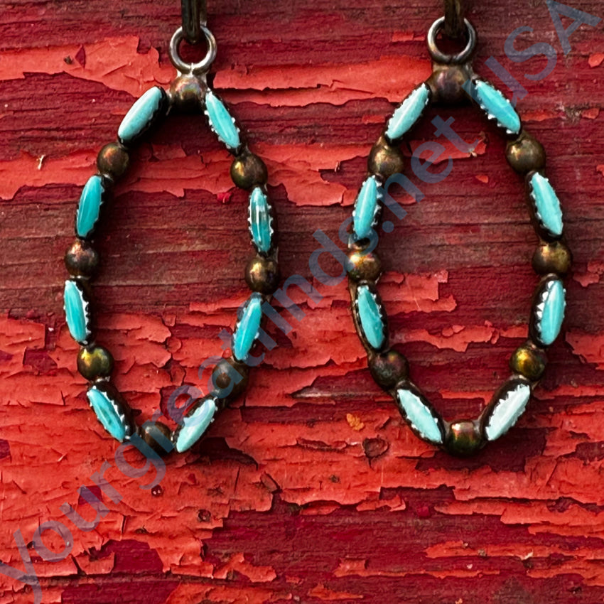 Early Zuni Sterling Silver Needlepoint Turquoise Pierced Post Earrings Earrings