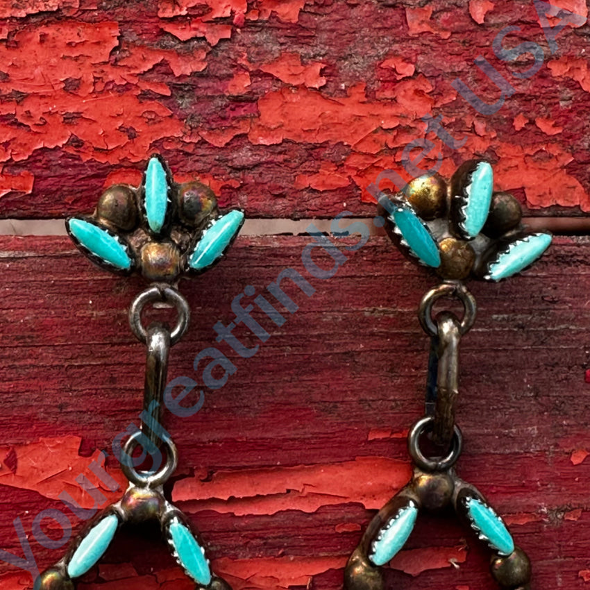 Early Zuni Sterling Silver Needlepoint Turquoise Pierced Post Earrings Earrings