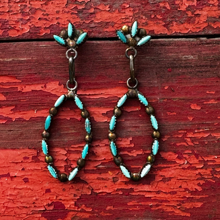 Early Zuni Sterling Silver Needlepoint Turquoise Pierced Post Earrings Earrings