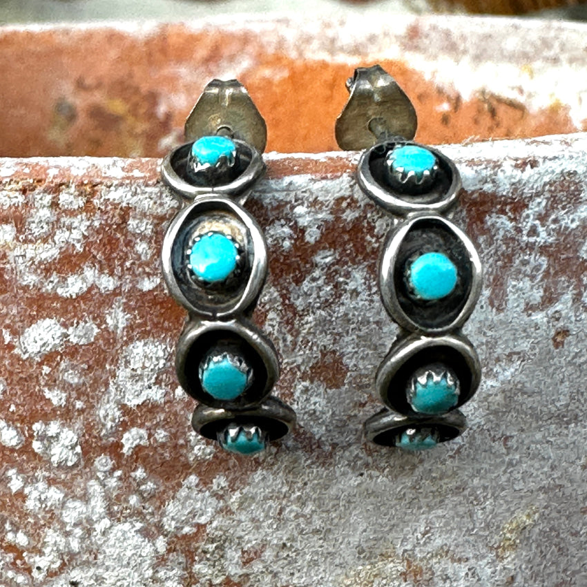 Early Zuni Sterling Silver & Snake Eye Turquoise Hoop Pierced Earrings Earrings