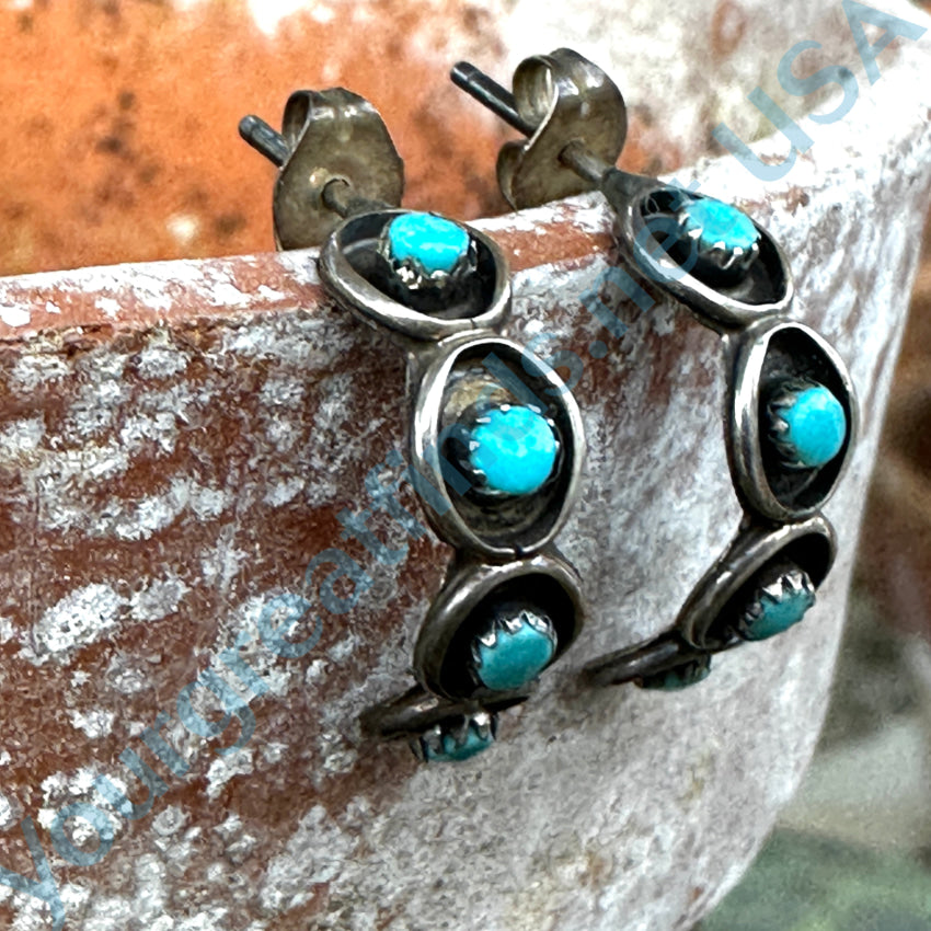 Early Zuni Sterling Silver & Snake Eye Turquoise Hoop Pierced Earrings Earrings