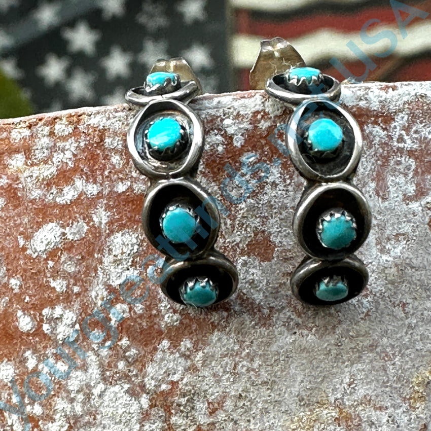 Early Zuni Sterling Silver & Snake Eye Turquoise Hoop Pierced Earrings Earrings