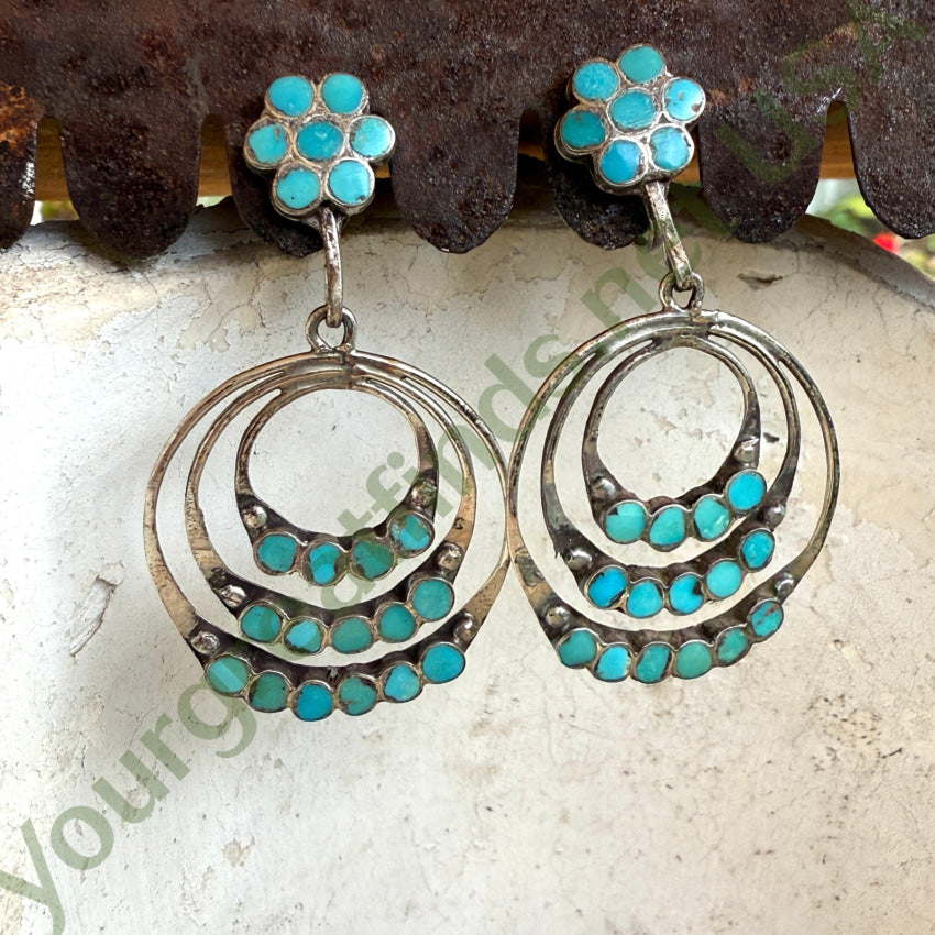 Early Zuni Turquoise Dots Sterling Hoop Screw Back Earrings earrings