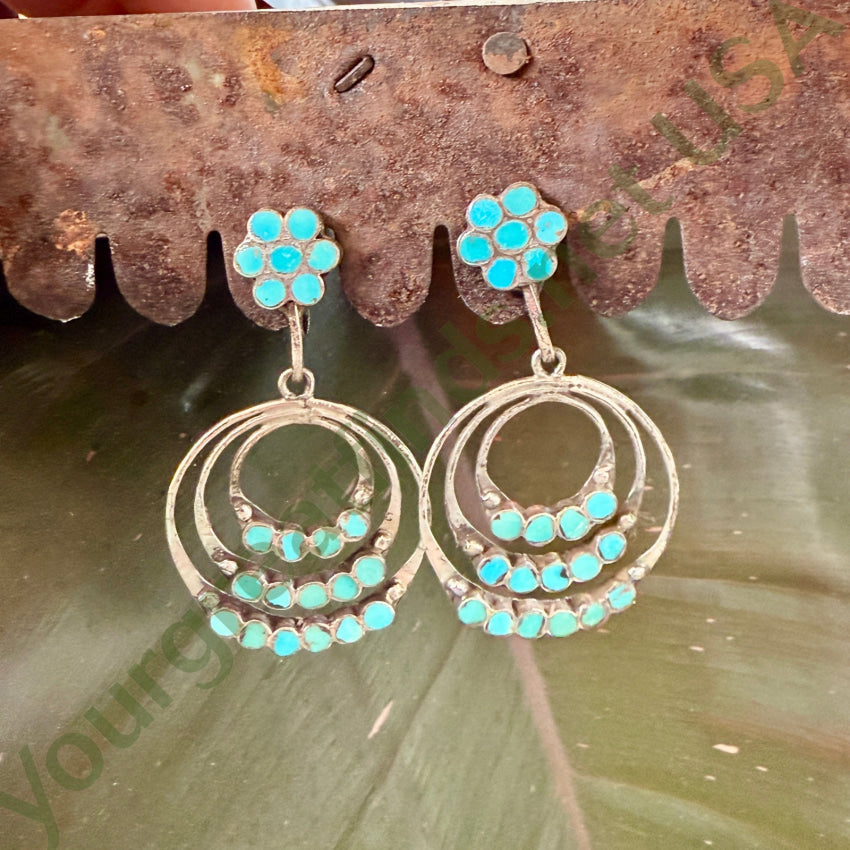 Early Zuni Turquoise Dots Sterling Hoop Screw Back Earrings earrings