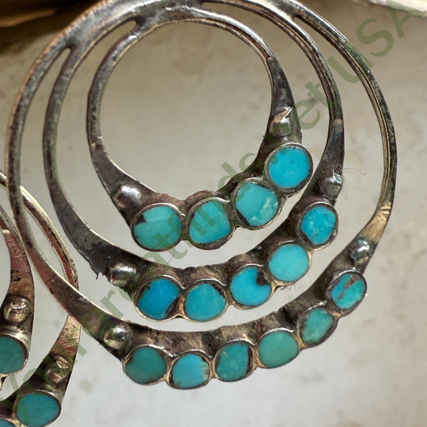 Early Zuni Turquoise Dots Sterling Hoop Screw Back Earrings earrings