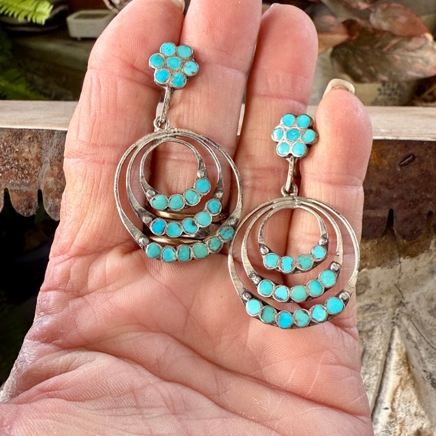 Early Zuni Turquoise Dots Sterling Hoop Screw Back Earrings earrings
