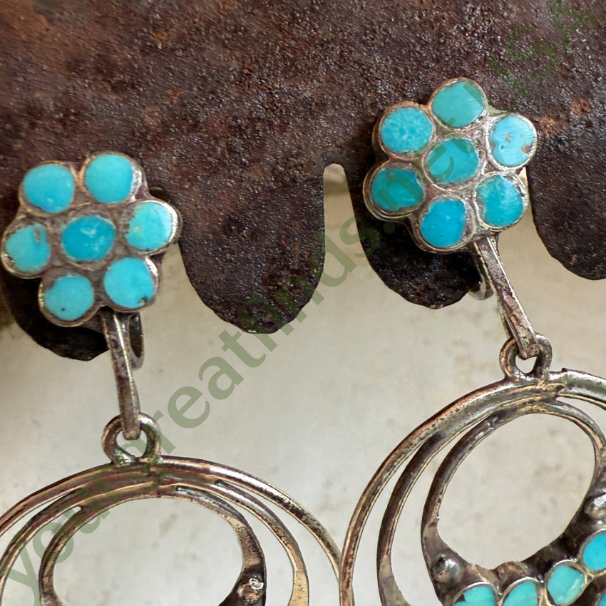 Early Zuni Turquoise Dots Sterling Hoop Screw Back Earrings earrings