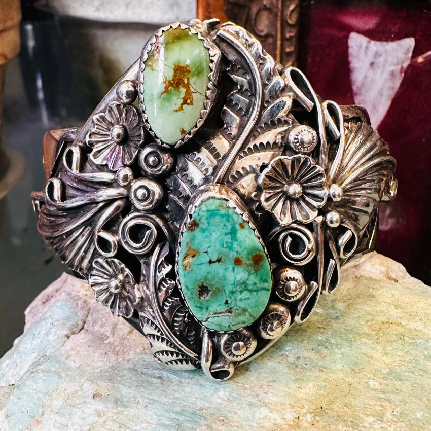 Elaborate Navajo Appliqué Bracelet Turquoise & Sterling Silver Bracelets