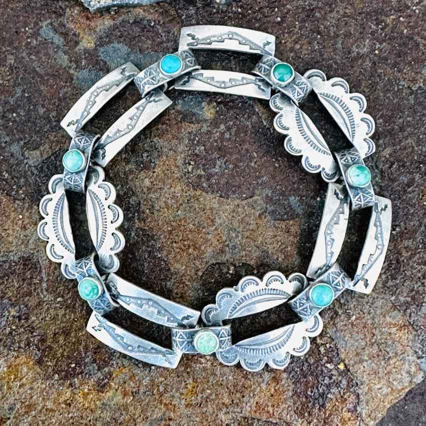 Exceptional Early 1900S Navajo Sterling Silver & Turquoise Panel Bracelet Bracelet