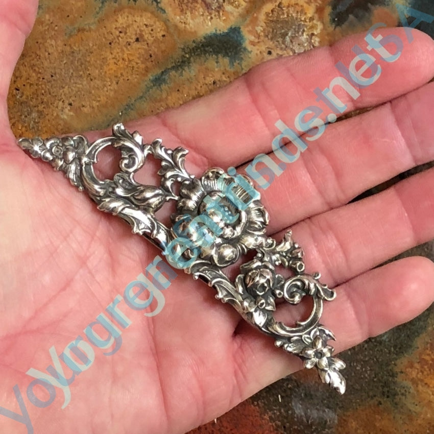 Fancy Sterling Silver Brooch with Repoussé Baroque Design Yourgreatfinds