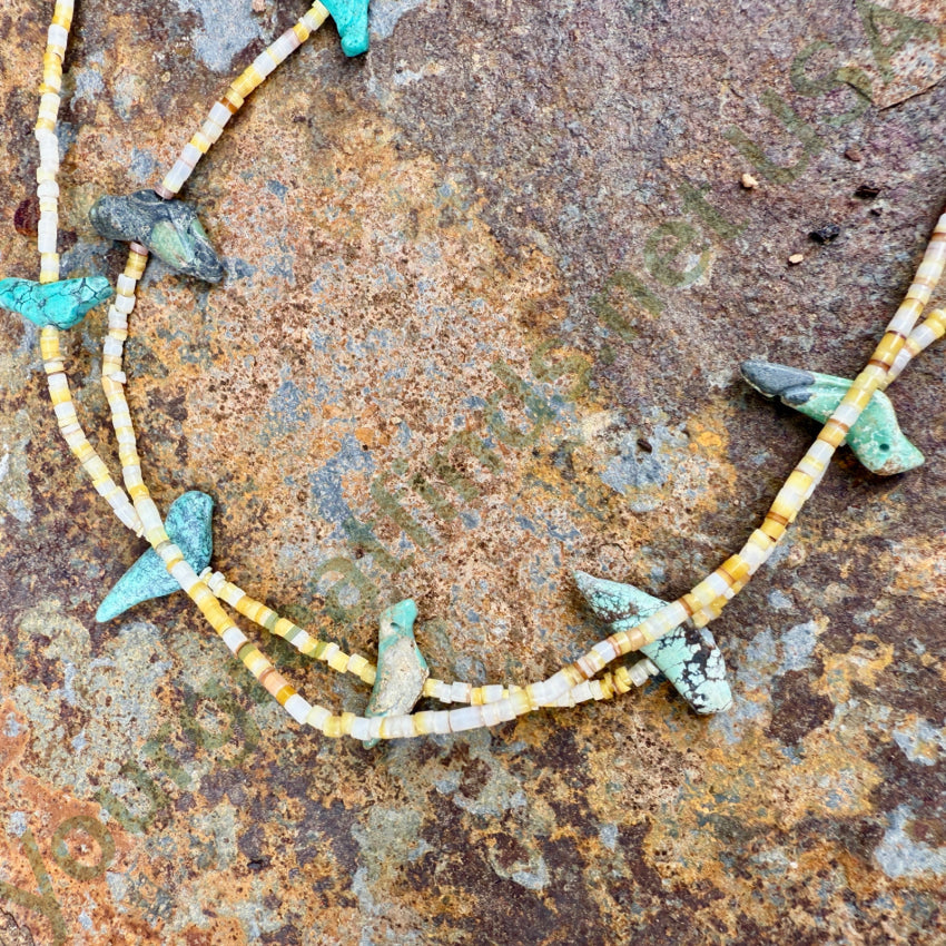 Fantastic Early Yellow Shell Heishi & Turquoise Bird Fetish Necklace fetish necklace