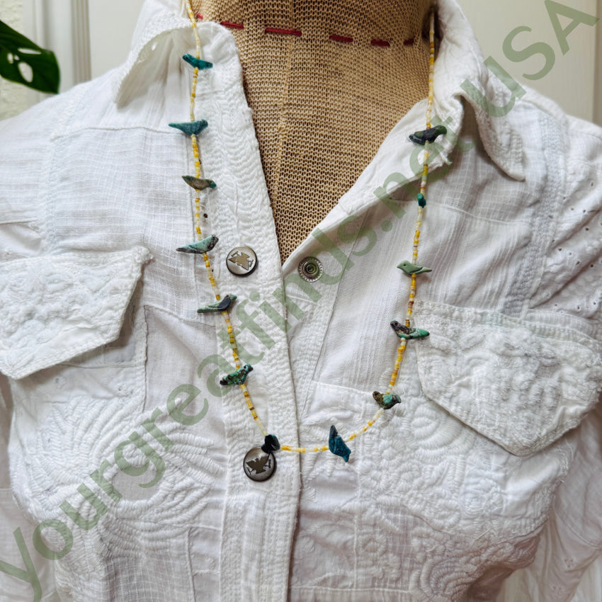 Fantastic Early Yellow Shell Heishi & Turquoise Bird Fetish Necklace fetish necklace