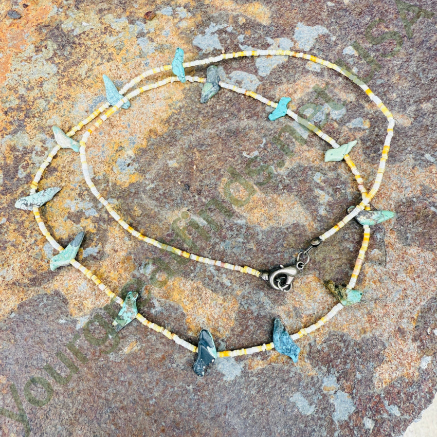 Fantastic Early Yellow Shell Heishi & Turquoise Bird Fetish Necklace fetish necklace