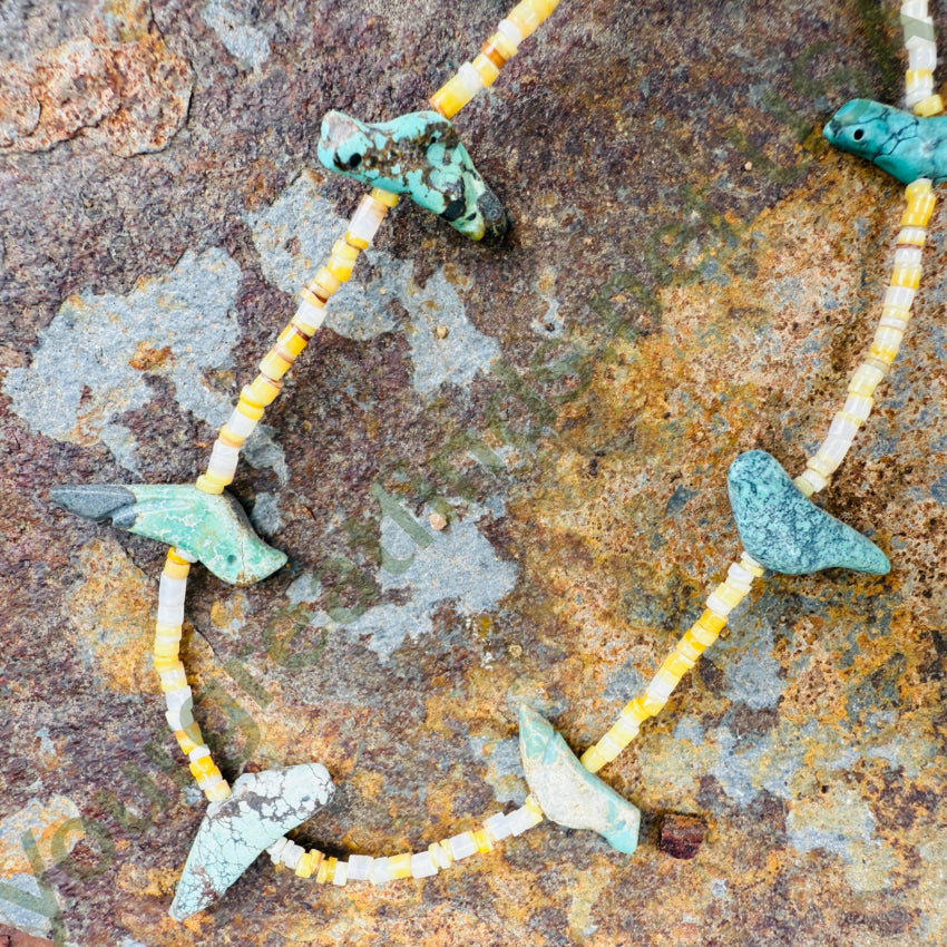 Fantastic Early Yellow Shell Heishi & Turquoise Bird Fetish Necklace fetish necklace
