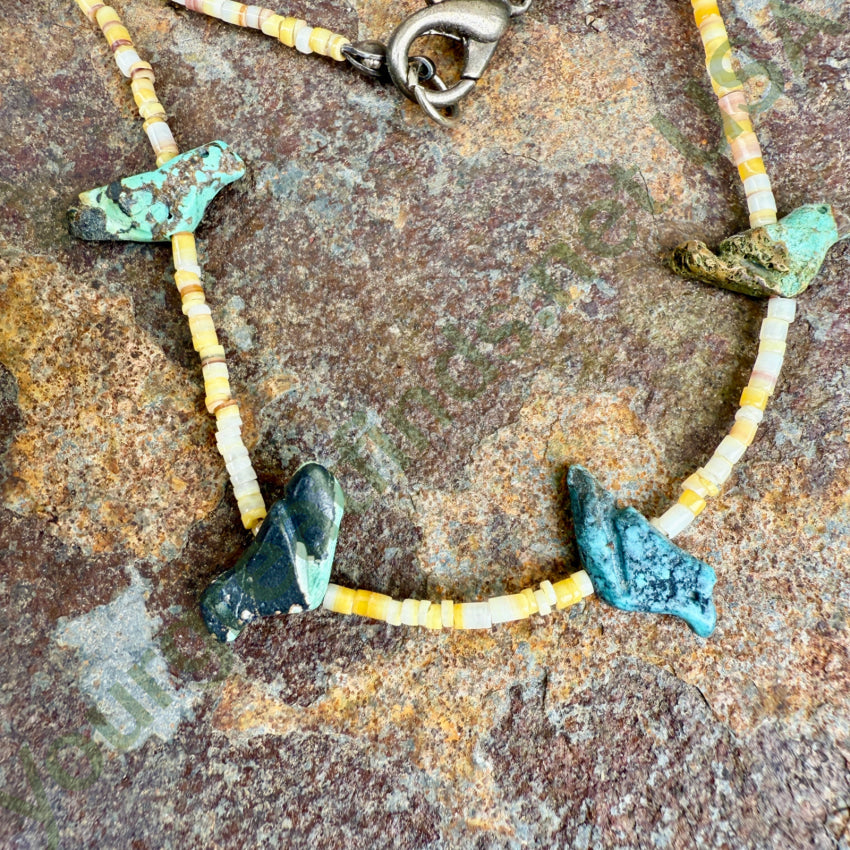 Fantastic Early Yellow Shell Heishi & Turquoise Bird Fetish Necklace fetish necklace
