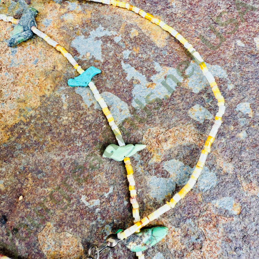 Fantastic Early Yellow Shell Heishi & Turquoise Bird Fetish Necklace fetish necklace