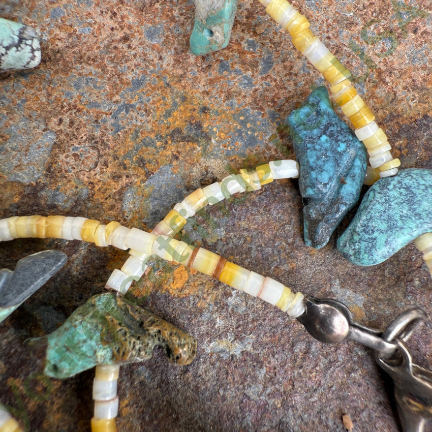 Fantastic Early Yellow Shell Heishi & Turquoise Bird Fetish Necklace fetish necklace